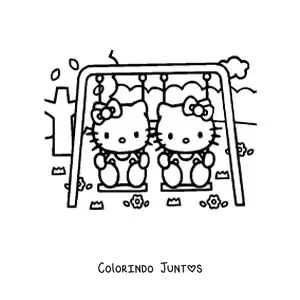 Desenho para colorir da Hello Kitty sentada junto a sua irma em um balanco