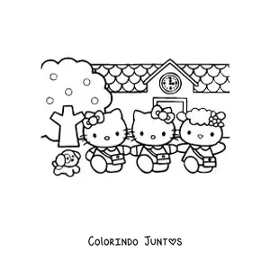 Desenho para colorir da Hello Kitty junto a seus amigos em frente ao predio da escola