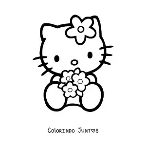 Desenho para colorir da Hello Kitty sentada segurando um buque de flores