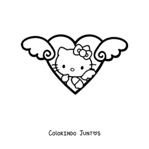 Desenho para colorir da Hello Kitty vestida de anjo dentro de um coracao com asas