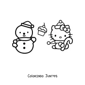 Desenho para colorir da Hello Kitty vestida de Natal junto a um boneco de neve