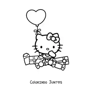 Desenho para colorir da Hello Kitty sentada cercada de presentes e um balao