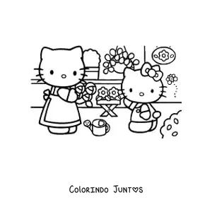 Desenho para colorir da Hello Kitty junto a sua mae arrumando as flores