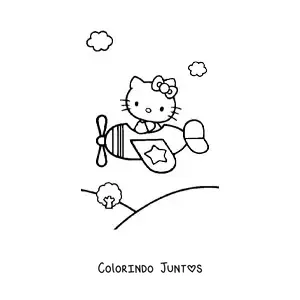 Desenho para colorir da Hello Kitty pilotando um aviao sobre uma paisagem de montanhas