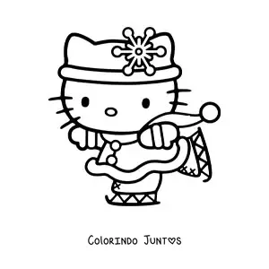 Desenho para colorir da Hello Kitty patinando no gelo com um enfeite de floco de neve