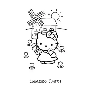 Desenho para colorir da Hello Kitty em um jardim junto a um moinho