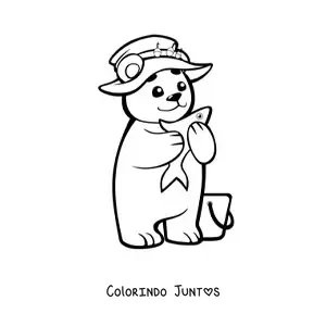 Desenho para colorir de um filhote de urso kawaii animado com chapeu pescando