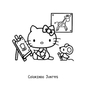 Desenho para colorir da Hello Kitty colorindo em um cavalete junto a um ratinho