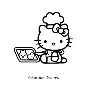 Desenho para colorir da Hello Kitty com um chapeu de chef segurando uma bandeja com biscoitos assados