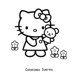Desenho para colorir da Hello Kitty entre varias flores segurando um ursinho na mao