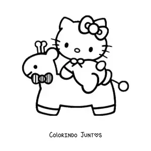 Desenho para colorir da Hello Kitty bebê em cima de uma girafa de brinquedo