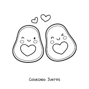 Desenho para colorir de um casal de abacates kawaii com coracoes no ar