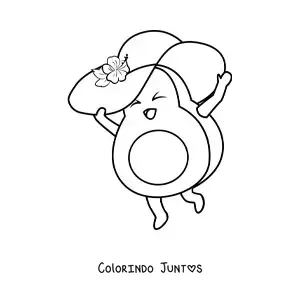 Desenho para colorir de um abacate animado usando um chapeu de verao com uma flor