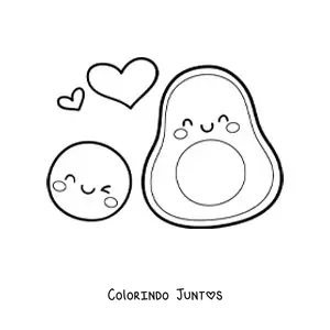 Desenho para colorir de um abacate kawaii animado ao lado de seu caroco animado sorridente
