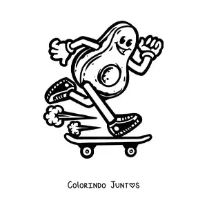 Desenho para colorir de um abacate animado andando de skate em alta velocidade