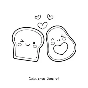 Desenho para colorir de um abacate kawaii ao lado de uma torrada animada com coracoes no ar