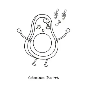 Desenho para colorir de um abacate animado cantando com notas musicais flutuando