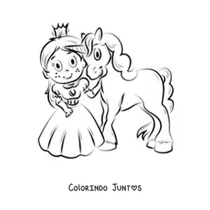 Desenho para colorir animado de uma menina princesa com um unicórnio