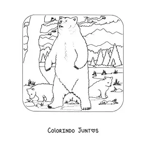 Desenho para colorir de tres ursos grizzly selvagens na floresta