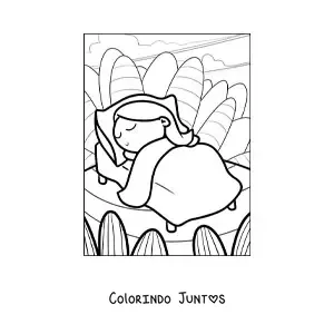 Desenho para colorir de uma menina dormindo tranquila em uma cama com uma paisagem ao fundo