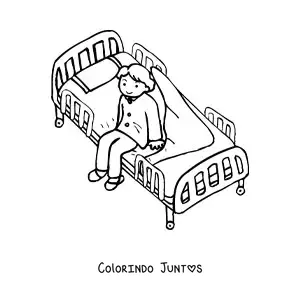 Desenho para colorir de um paciente sentado em uma cama de hospital desarrumada