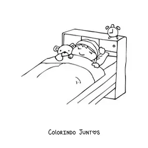 Desenho para colorir de uma menina dormindo em uma cama ao lado de um urso de pelucia e um despertador