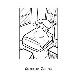 Desenho para colorir de uma crianca assustada em sua cama se cobrindo com os lencois
