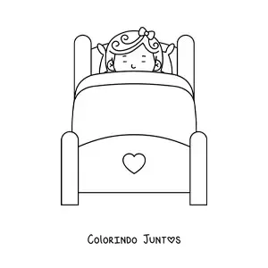 Desenho para colorir de uma cama de madeira com uma menina dormindo aconchegada