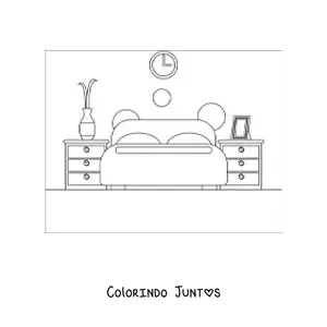 Desenho para colorir de um quarto com uma cama de casal