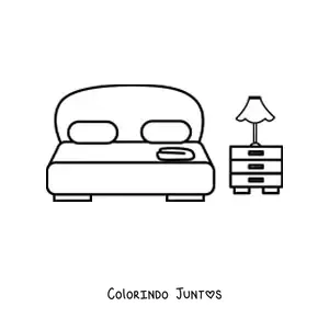 Desenho para colorir de uma cama de casal com dois travesseiros ao lado de uma mesinha