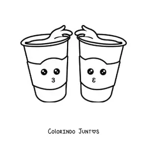 Desenho para colorir de dois copos kawaii animados transbordando de cafe