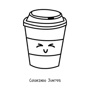 Desenho para colorir de um copo de cafe animado sorrindo de olhos fechados