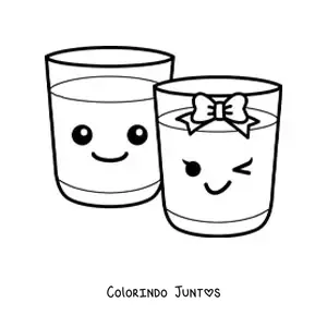 Desenho para colorir de um copo kawaii cheio decorado com um laco ao lado de outro copo kawaii cheio