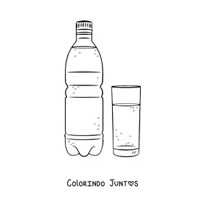Desenho para colorir de uma garrafa ao lado de um copo de vidro cheio de agua
