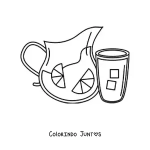 Desenho para colorir de um copo cheio ao lado de uma jarra cheia de limonada com gelo