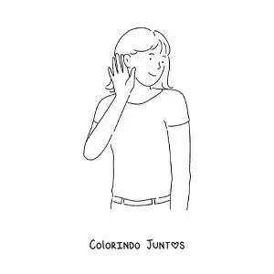 Desenho para colorir de uma menina escutando com a mao apoiada na orelha