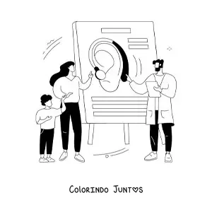 Desenho para colorir de um medico explicando aos seus pacientes como funciona a audicao
