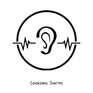 Desenho para colorir de um ouvido dentro de um circulo ao lado de linhas de ondas de audio
