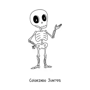 Desenho para colorir de um esqueleto humano kawaii animado com olhos brilhantes