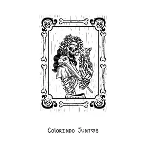 Desenho para colorir do retrato de uma mulher esqueleto vestida para o Dia dos Mortos com um gato esqueleto
