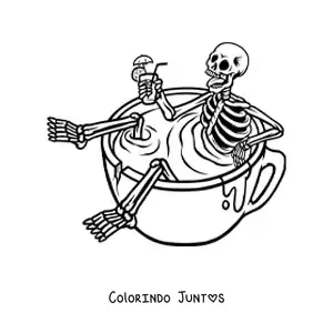 Desenho para colorir de um esqueleto humano animado tomando uma bebida refrescante sentado dentro de uma xicara cheia