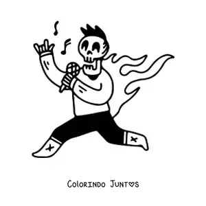Desenho para colorir de um esqueleto humano vestido cantando rock com chamas nas costas