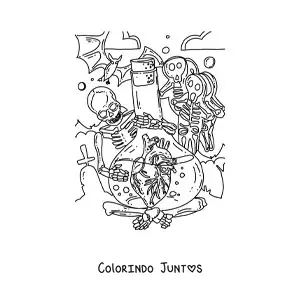 Desenho para colorir de um esqueleto segurando um frasco com um coracao humano cercado de decoracoes de Halloween
