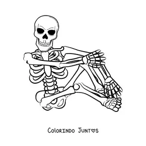 Desenho para colorir de um esqueleto humano sentado no chao com uma perna dobrada