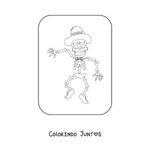 Desenho para colorir de um esqueleto humano dancando com um chapeu no Dia dos Mortos