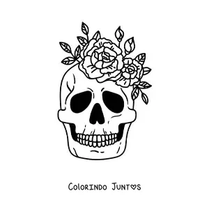 Desenho para colorir de uma caveira decorada com flores na parte de cima