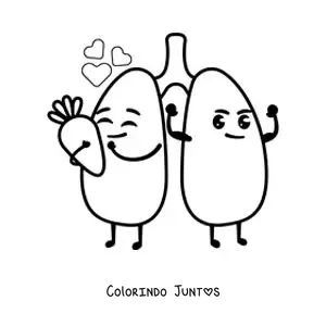 Desenho para colorir de um par de pulmoes animados alegres segurando uma saudavel cenoura