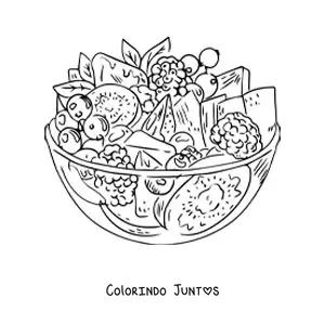 Desenho para colorir de uma salada de frutas realista em um recipiente de vidro