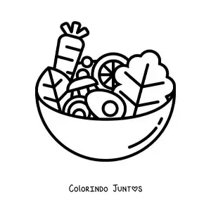Desenho para colorir de salada com alface, cenoura e ovos em um recipiente