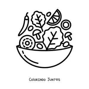 Desenho para colorir de salada com pimentoes, alface e cogumelos em um recipiente